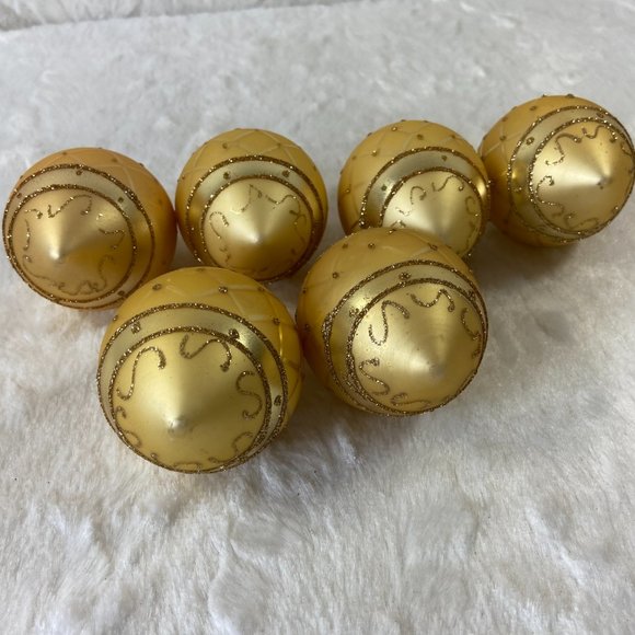 Vintage glass ornaments set of 6 Gold Egg shape Glitter raised design - Picture 8 of 9